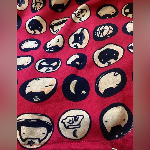 Anna Sui silk, lined dress, with drawstring waist, red with cream/black/silver. - Picture 10 of 15